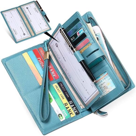 Wallet RFID Blocking Leather Wallets Credit Card Organizer with Checkbook Holder - Picture 6 of 7